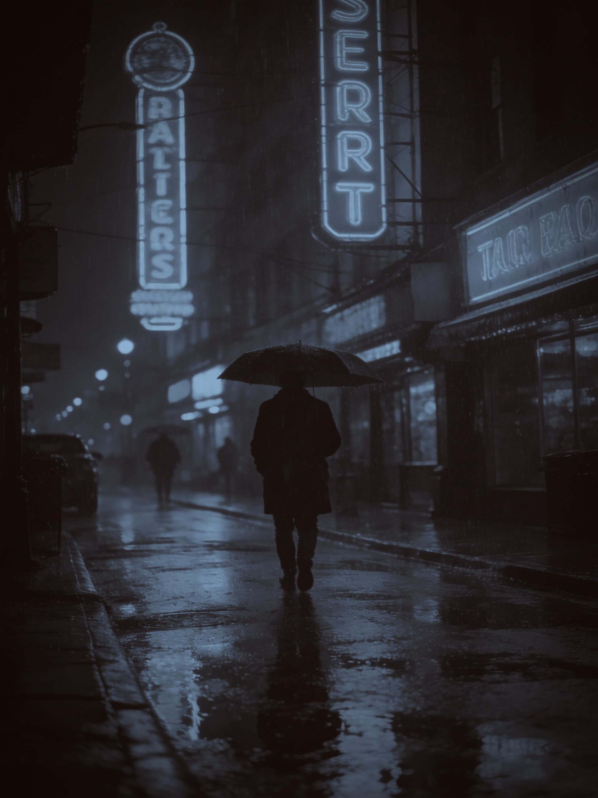 Neon city street at night