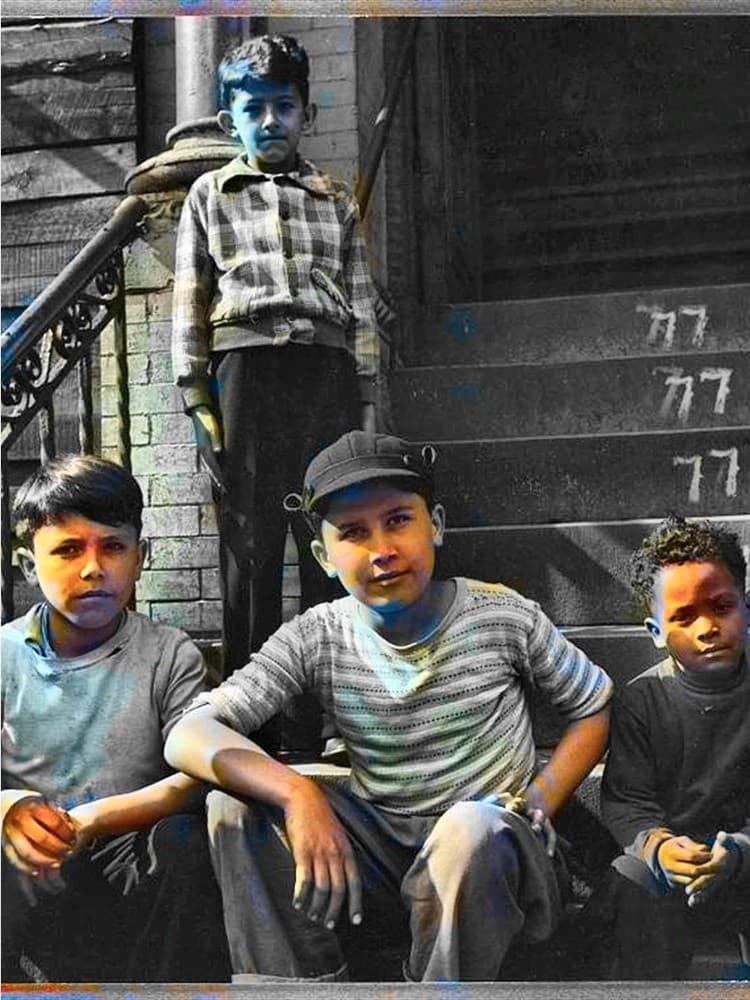 Before and after colorization of a black-and-white photo of four boys