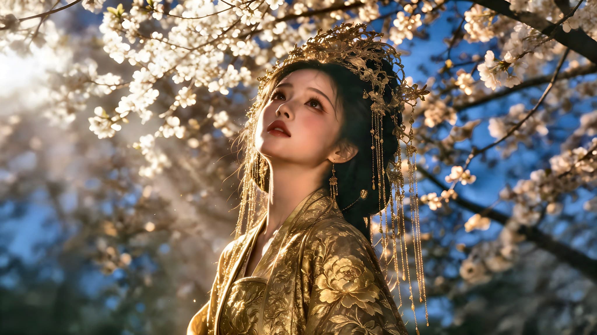 Before and after AI restoration of a portrait in hanfu: the restored image is sharper with warmer golden tones