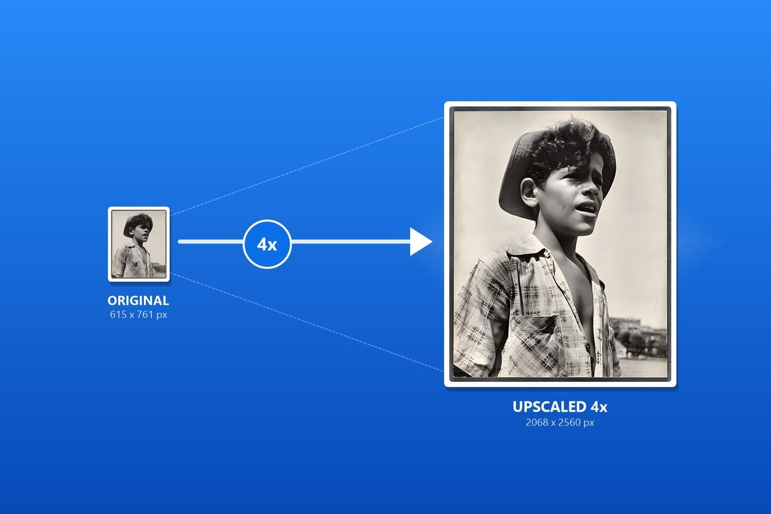 Black-and-white portrait upscaled from 615×761 to 2068×2560