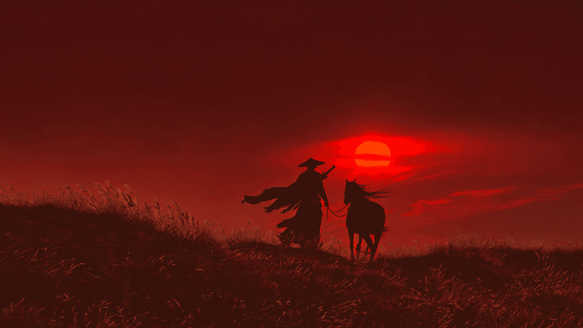 Lone warrior leading a horse, silhouetted under a crimson sun