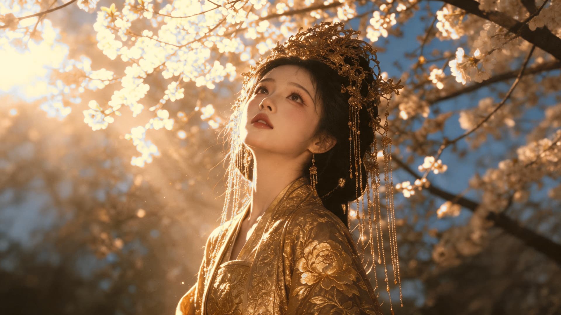 Woman in golden hanfu glowing in sunset light